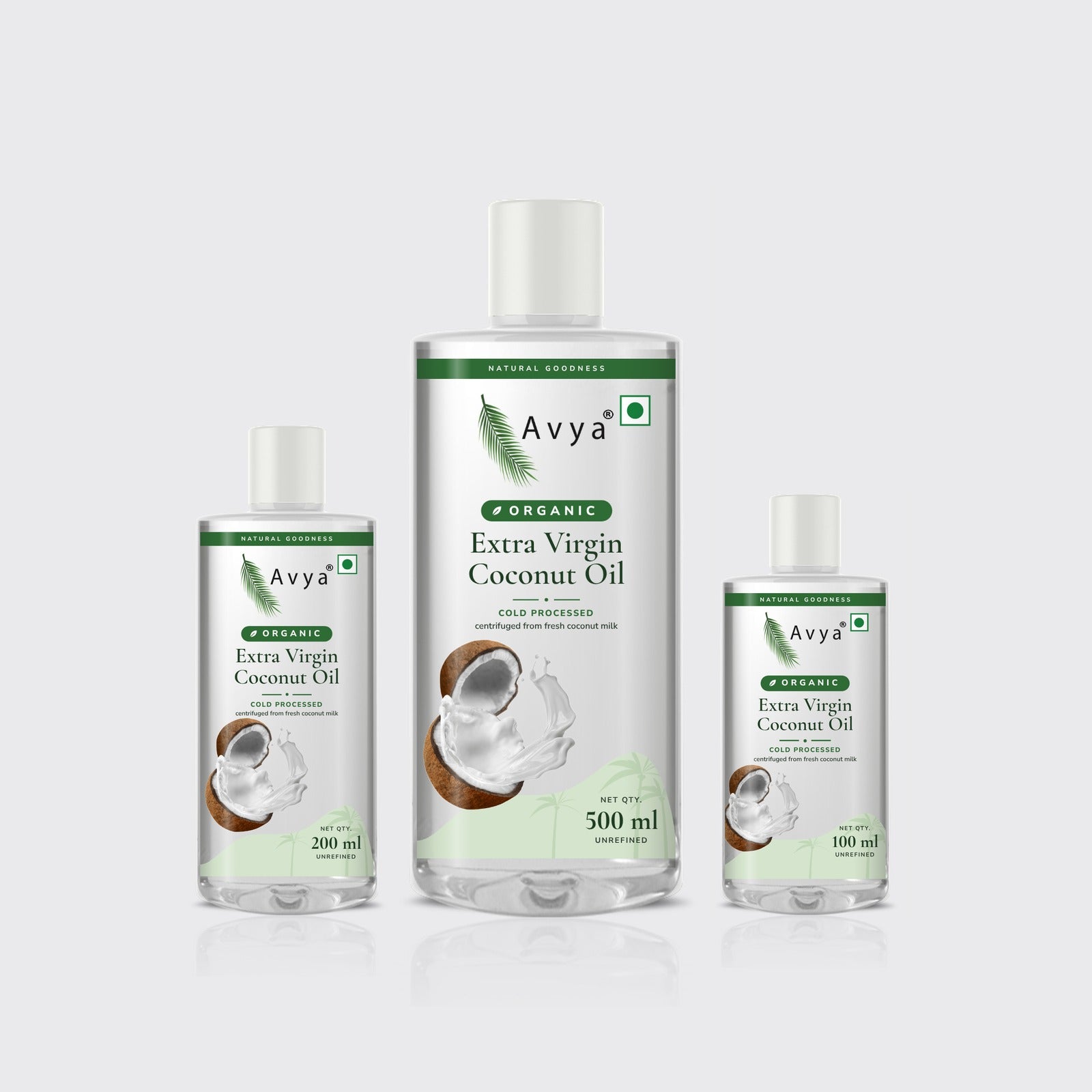 Avya Organic Extra Virgin Coconut Oil in 100 ml, 200 ml and 500 ml bottles