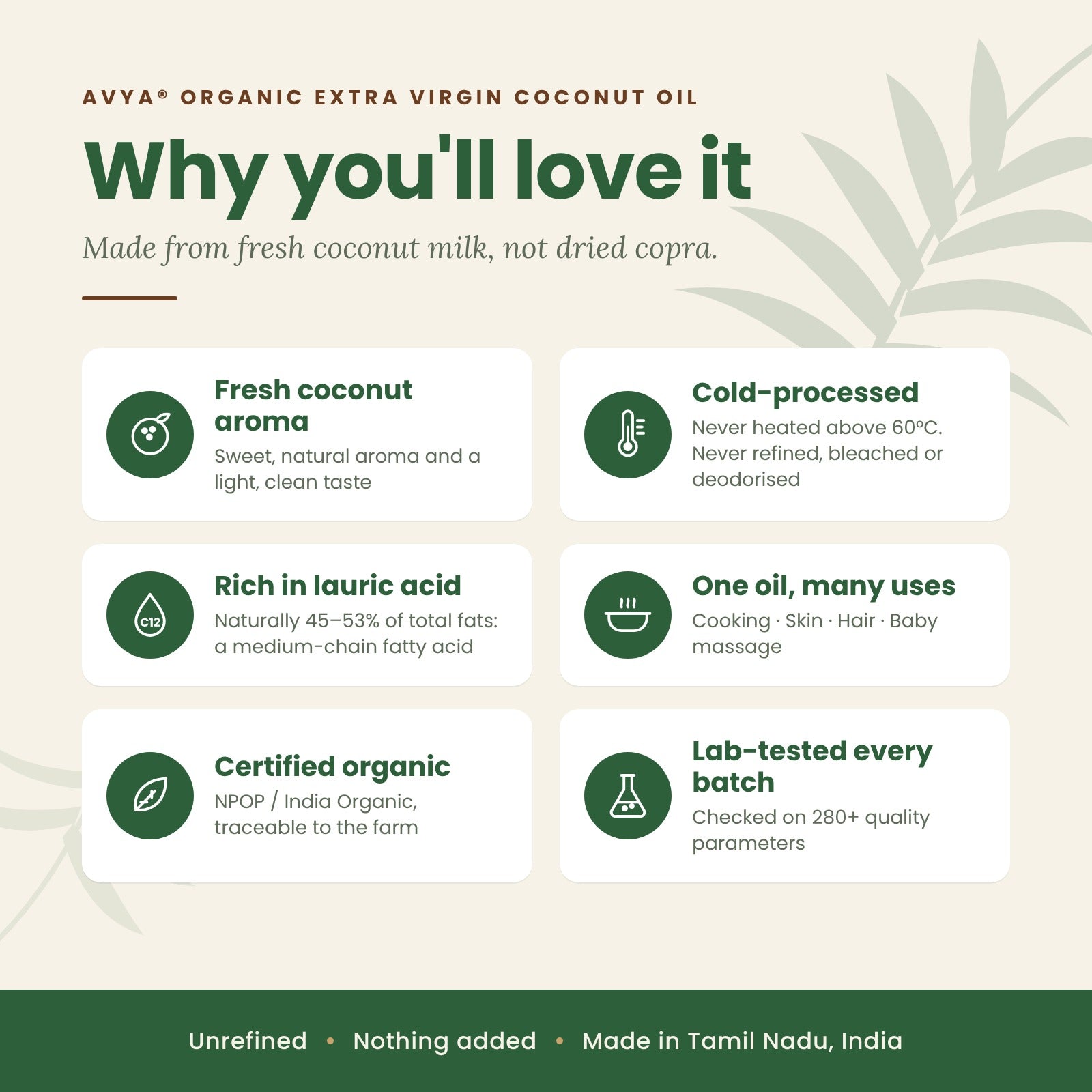Benefits of Avya Organic Extra Virgin Coconut Oil – cold-processed, rich in lauric acid, certified organic